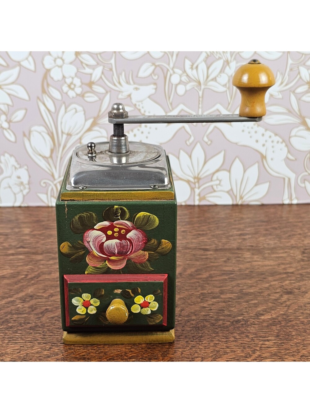 Vintage Fassenhaus Hand Painted Wood Coffee Grinder Working German Folk Art